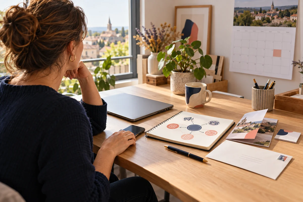 Professionnelle prenant du recul devant plusieurs canaux de communication