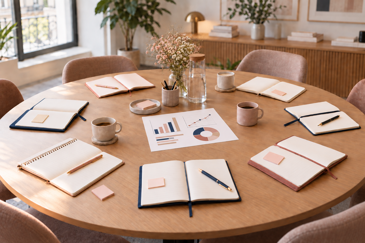 Sept carnets disposés autour d’un document commun et de graphiques sur une table de réunion fleurie