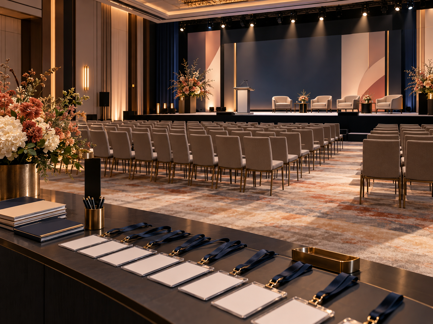 Salle de conférence professionnelle préparée pour un événement