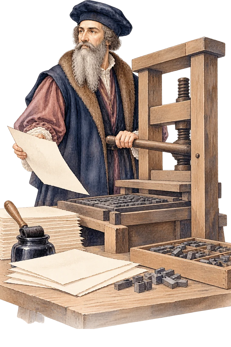 Illustration de Gutenberg auprès de sa presse à caractères mobiles