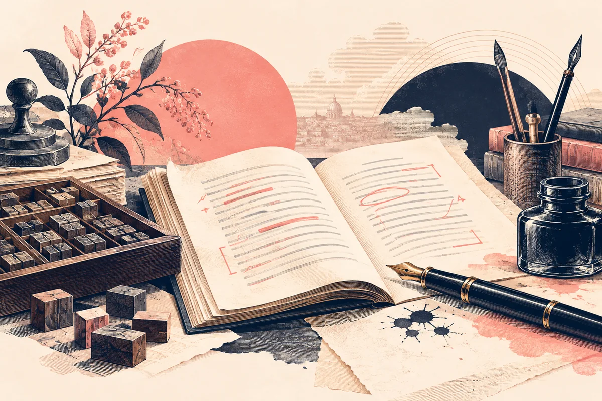Illustration de rédaction professionnelle avec manuscrit, plume et signes de correction