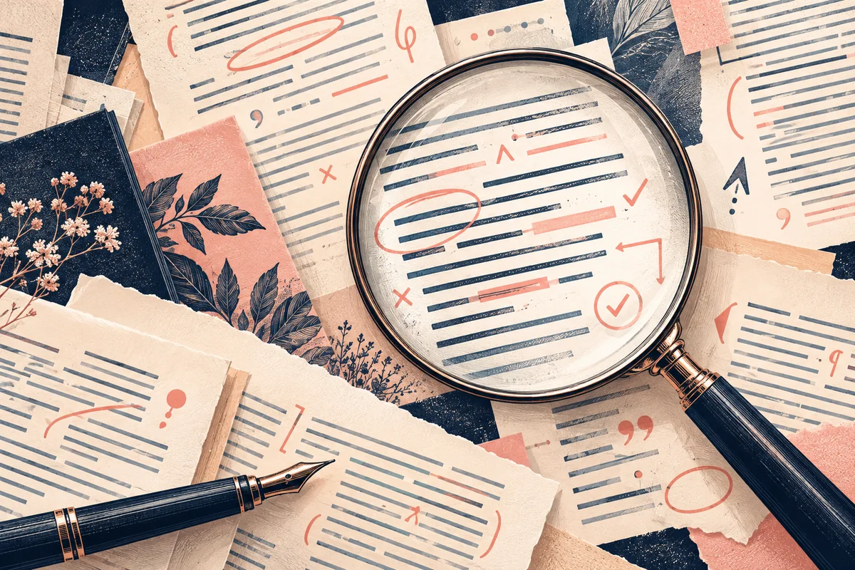 Illustration de relecture professionnelle avec textes annotés et loupe