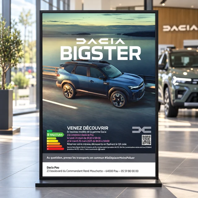 Affiche A3 Dacia Bigster mise en situation dans une concession automobile