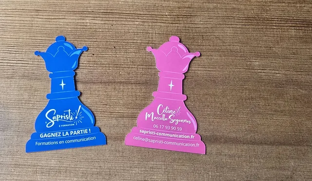 Cartes découpées à la forme réalisées pour Sapristi Formation