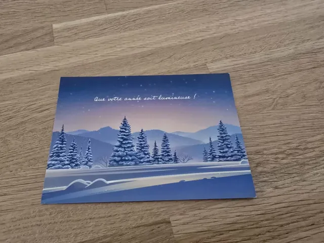 Carte de vœux professionnelle illustrée d’un paysage d’hiver, créée pour MPRH+ et Marie Poles