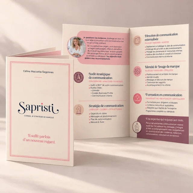 Mise en scène du dépliant A5 Sapristi présentant les expertises de l’agence
