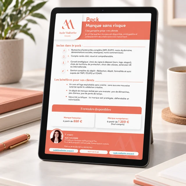 Flyer numérique conçu pour Maître Aude Malherbe, avocate en droit de la propriété intellectuelle