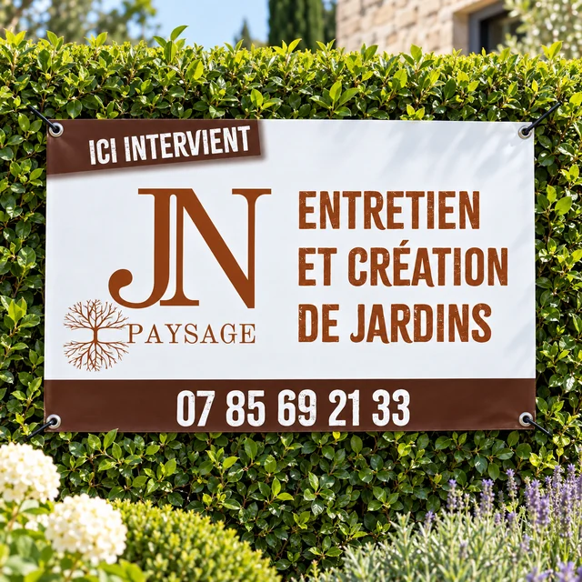 Panneau extérieur JN Paysage fixé sur une haie avec quatre œillets métalliques